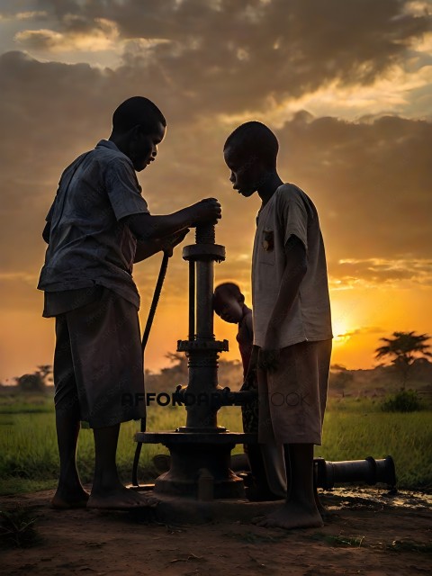 Two African boys pumping water from a well