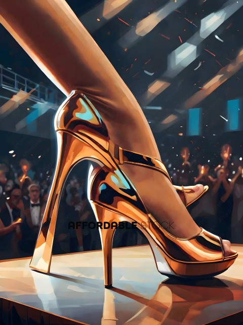 A gold high heel shoe with a blue design on the toe