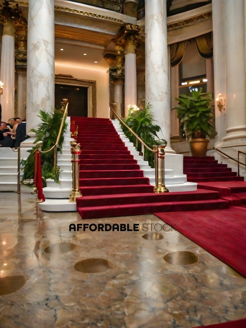 A grand staircase with red carpeting and gold handrails