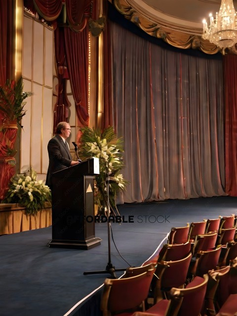 Man giving a speech in front of a curtain