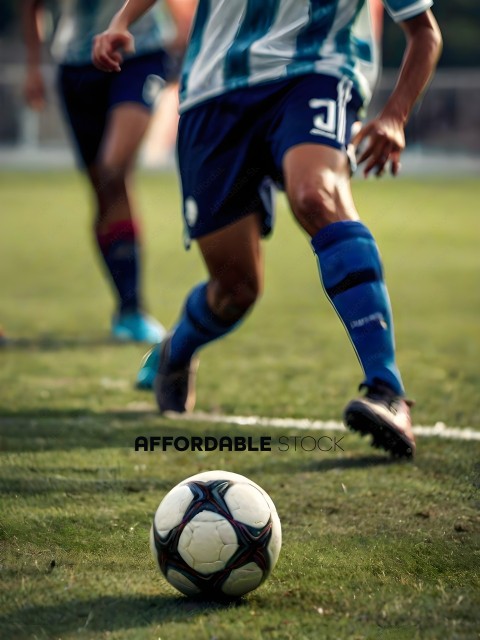 Soccer Player in Blue and White Uniform Kicking Ball