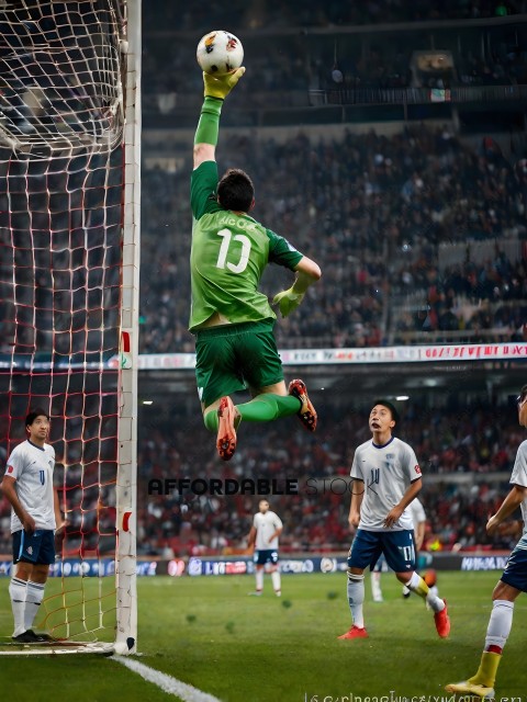 Soccer Player Jumping to Block Goal