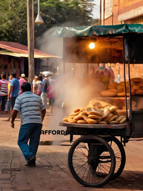 A man in a striped shirt walks past a cart of bread