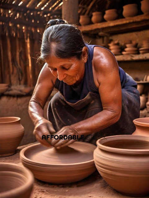 A woman making pottery in a village