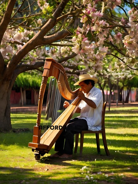A man playing a harp in a park