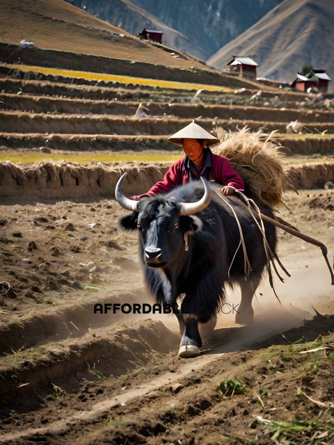 A man in a red shirt rides a bull on a dirt path
