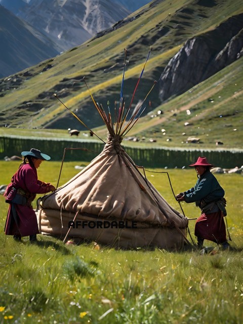 Two people in traditional clothing are standing next to a large teepee