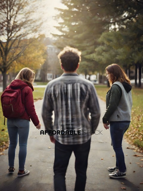 Three students walking down a path