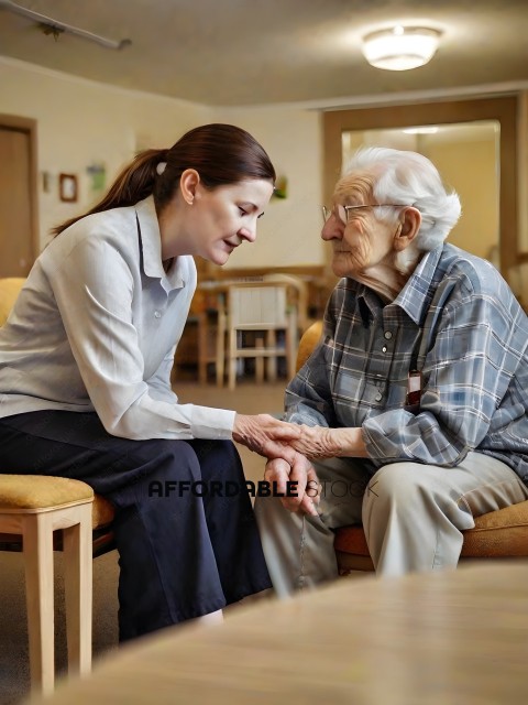 A woman and an elderly man sitting in a room, the woman is holding the man's hand
