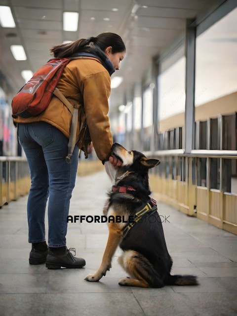 A woman in a brown jacket petting a dog