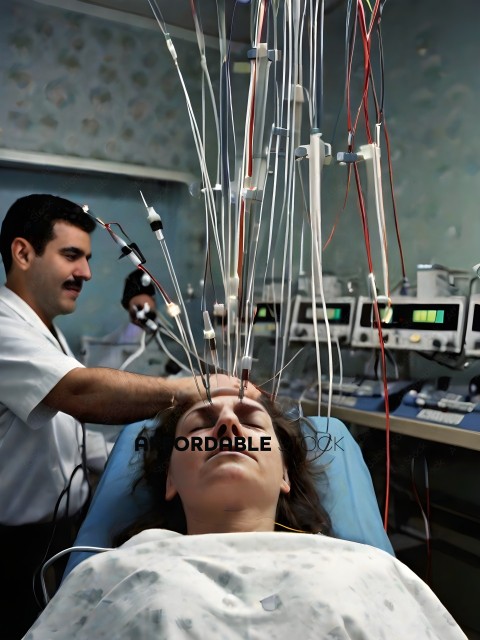 A woman is hooked up to a machine with wires in her head