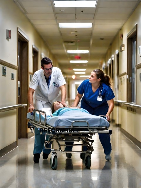 Doctor and Nurse Pushing Patient in Hospital