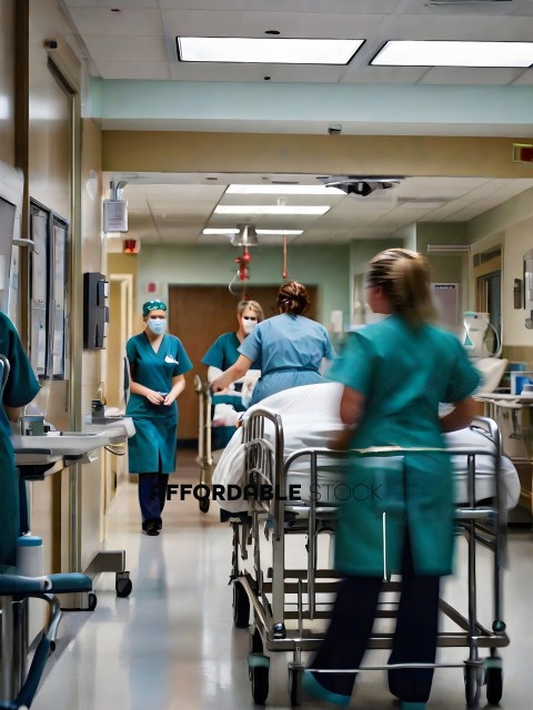 Nurses in green scrubs moving a patient on a gurney