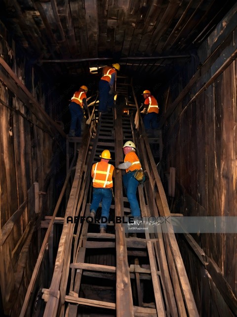 Construction workers on a ladder in a tunnel