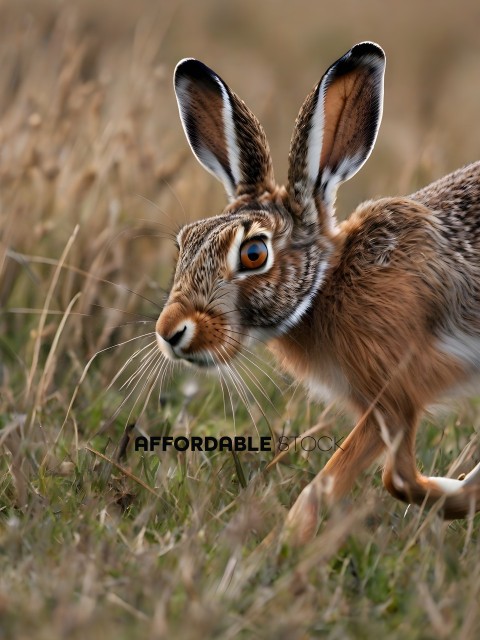 A rabbit with a long nose and ears is walking through the grass