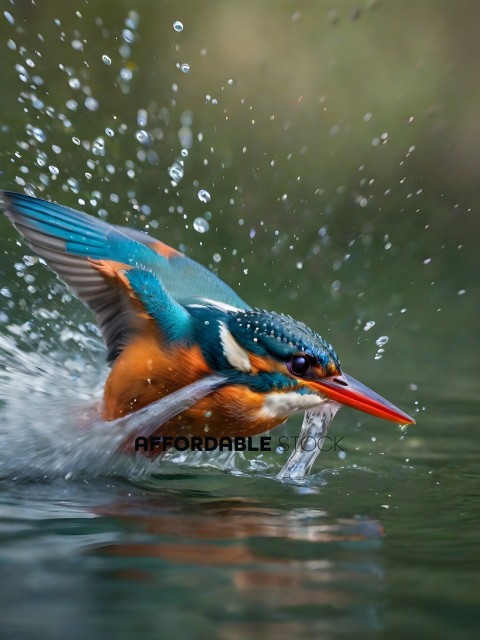 A colorful bird with a long beak is flying through the water