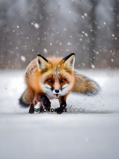 A red fox running through the snow
