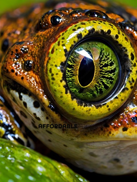 A close up of a frog's eye with a yellow and green iris