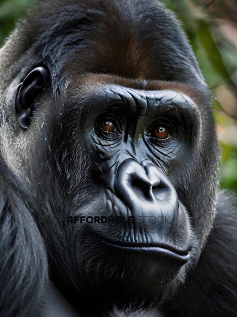 A close up of a gorilla's face with a smile