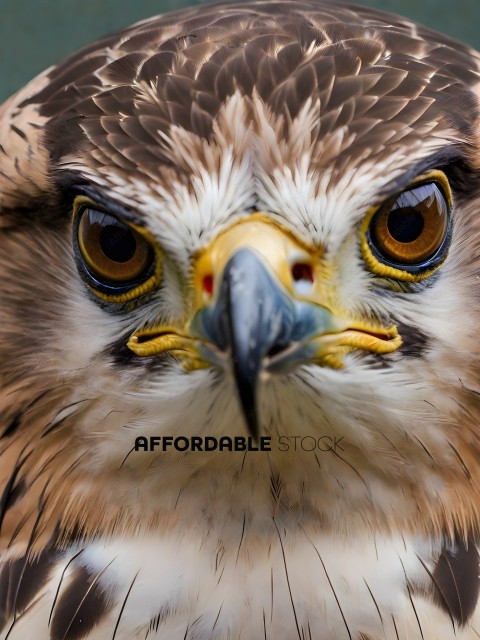 A close up of a hawk's face with yellow eyes