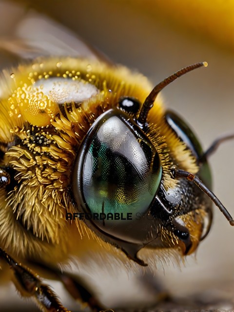 A close up of a bee's face with a green eye