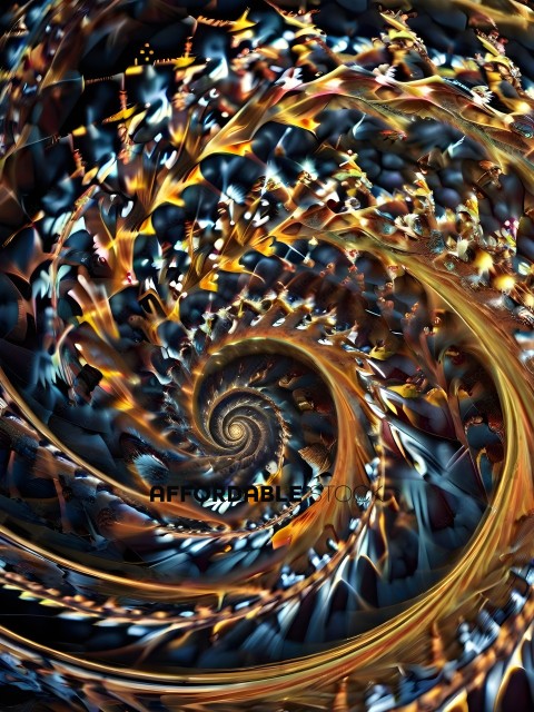 A colorful spiral design with a blue and orange background