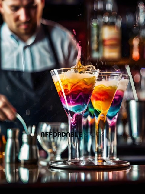 A bartender pouring a colorful drink into a glass