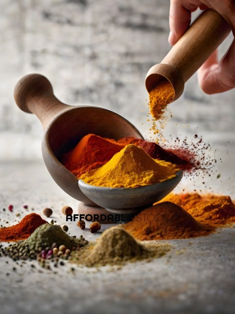 A wooden spoon is being used to scoop out spices