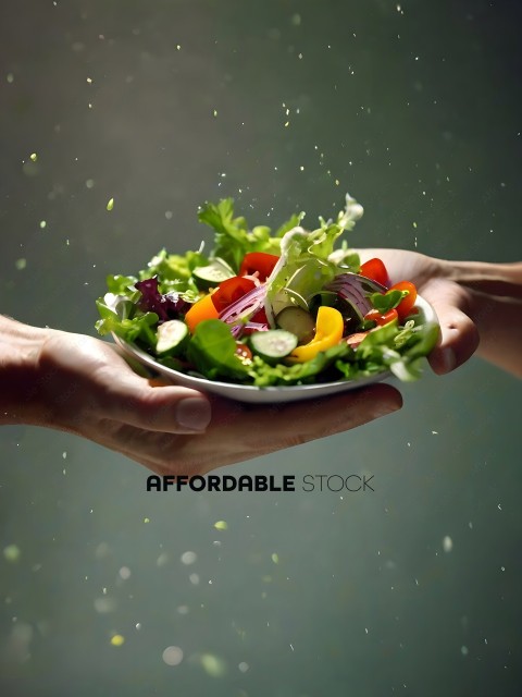 A person is holding a plate of salad
