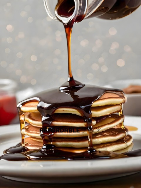A stack of pancakes with syrup dripping down