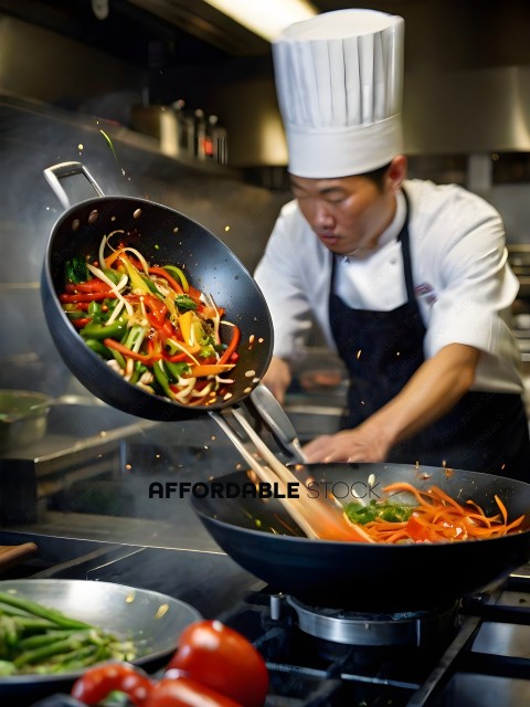 A chef pouring vegetables into a wok