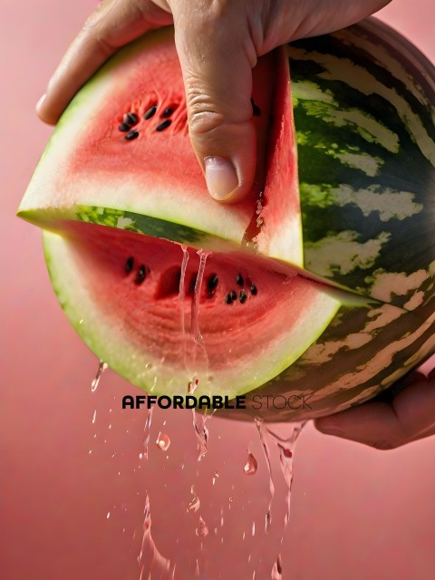 A person holding a watermelon slice with their thumb