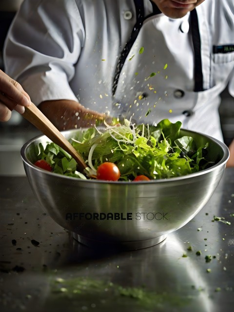 A chef preparing a salad with a wooden spoon