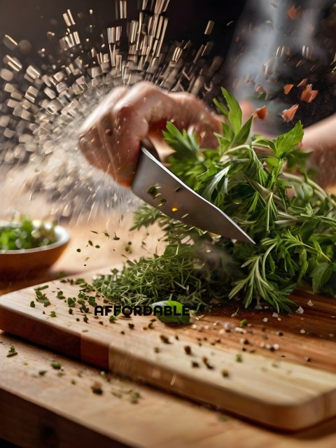 A person cutting up fresh herbs with a knife