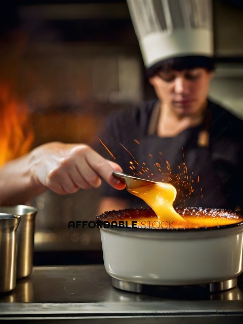 A chef pouring a yellow sauce into a dish