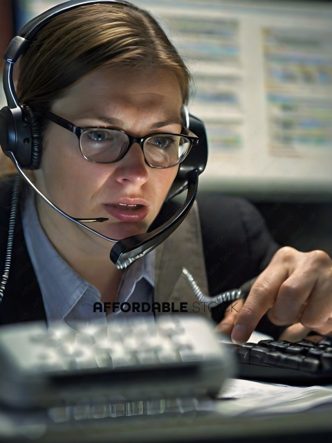 A woman wearing glasses and a headset is working on a computer