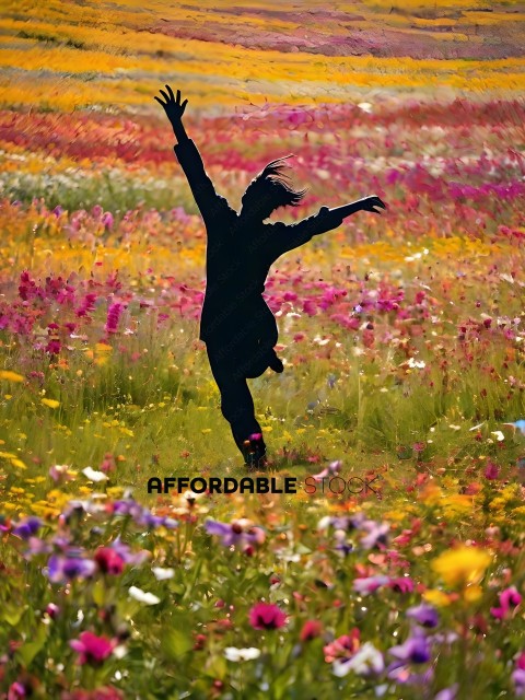 A silhouette of a person dancing in a field of flowers