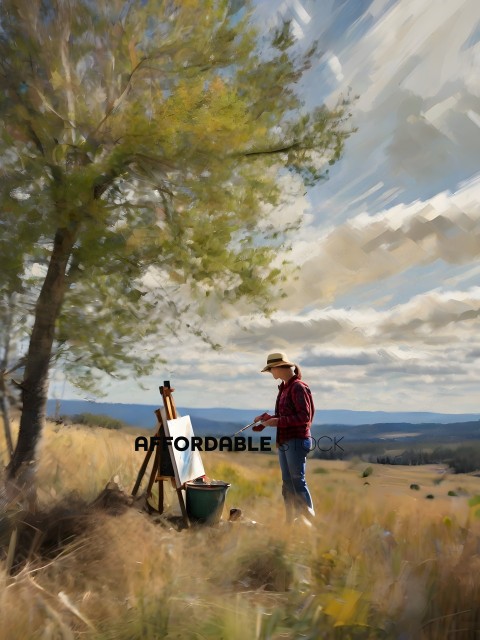 A man in a red shirt painting a picture in the country