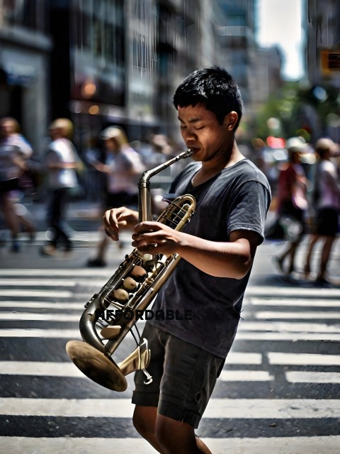A young man playing a saxophone on a busy street