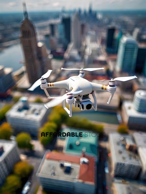 A drone flying over a city with a large building in the background