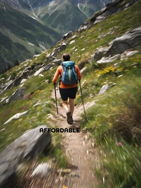 A hiker wearing a backpack is walking up a steep hill