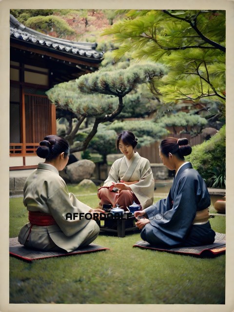 Three Asian women sitting on the grass drinking tea