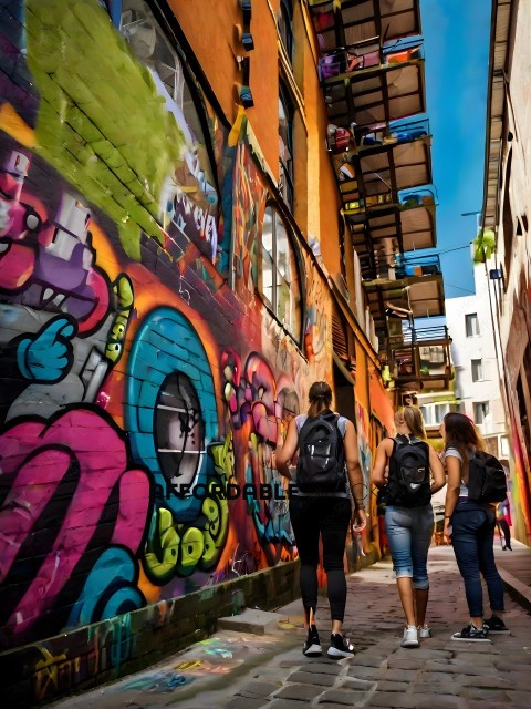 Three women walking past a graffiti covered wall