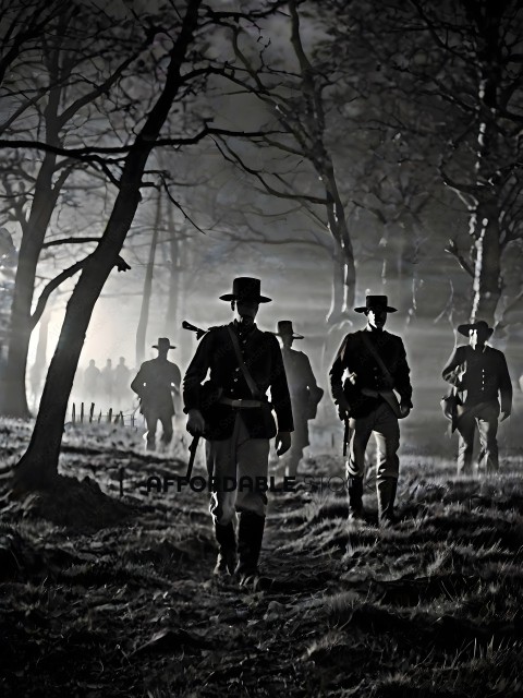 A group of men in uniforms walking through a forest