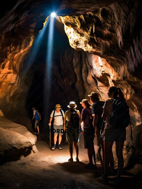 A group of people are standing in a cave