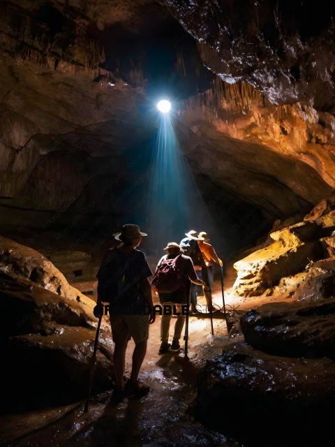 Hikers in a cave with a light shining down