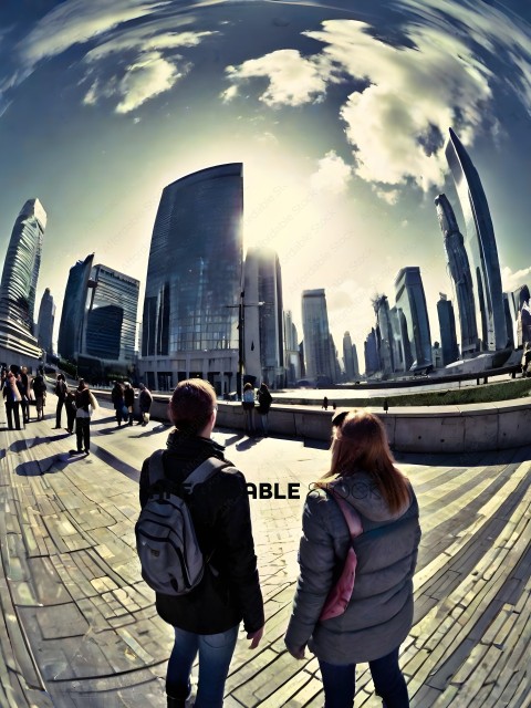 Two people standing in front of a large city with a backpack