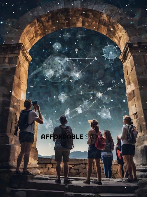 People looking at the stars through an archway