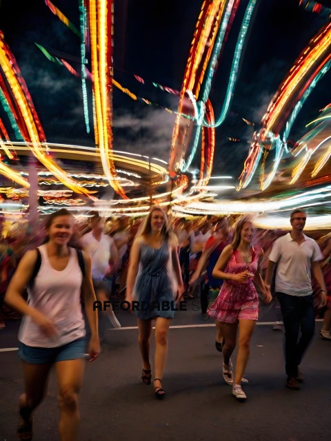 A group of people walking down a street at night