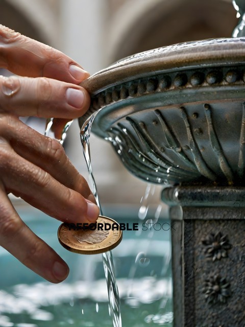 A person is putting a coin into a fountain